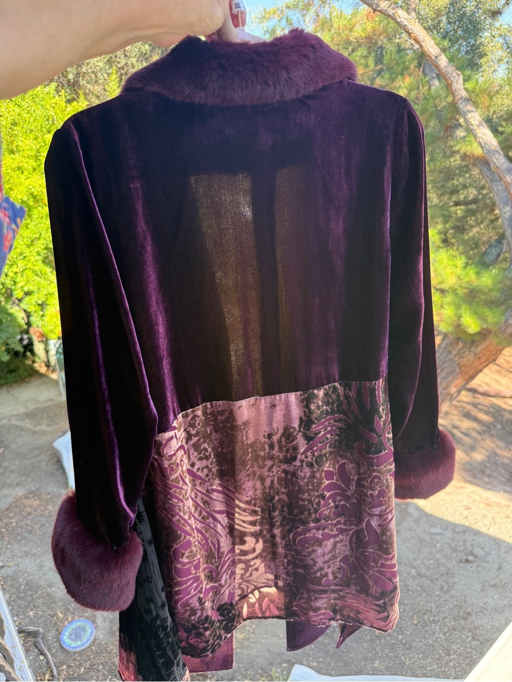 Soft Surrounding jacket velvet burn out-removable fur- plum burgundy patchwork S - Picture 8 of 17